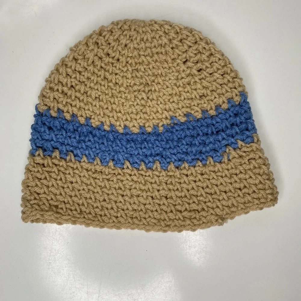 Handmade Crochet Beanie Hat‎ Tan Blue Stripe Adult Women Winter Warm Cottagecore